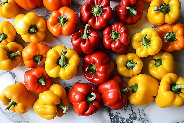 Colorful capsicums in a perfect row on white background