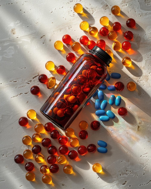 Фото Цветные капсулы выливаются из бутылки с таблетками на белую поверхность.