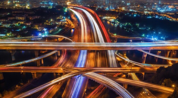 写真 カラフルな車のライトトレイル 夜の長い曝光写真 素晴らしい夜景のトップビュー