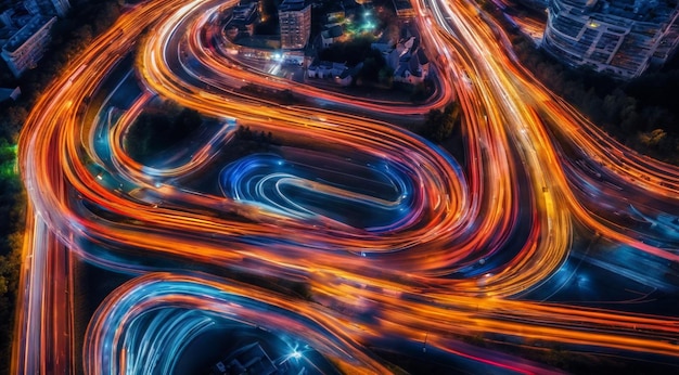Photo colorful car light trails long exposure photo at night fantastic night scene top view
