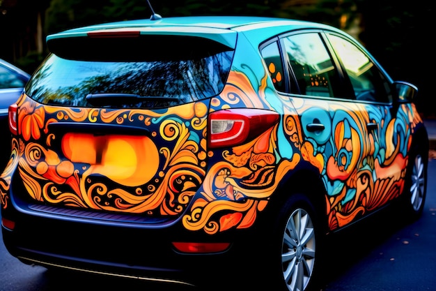 Photo colorful car parked on the side of the road with tree in the background generative ai