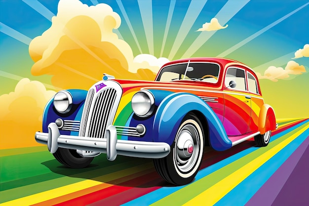 a colorful car on a rainbow road