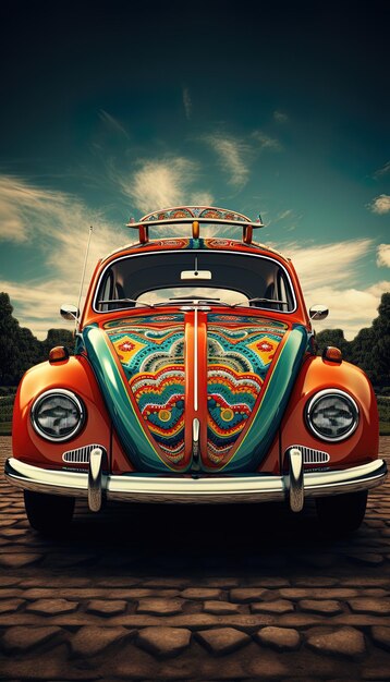 a colorful car with a colorful design on the hood