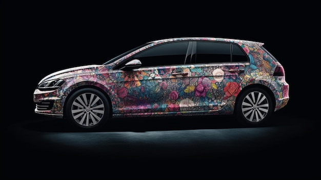 A colorful car with a floral design on the side