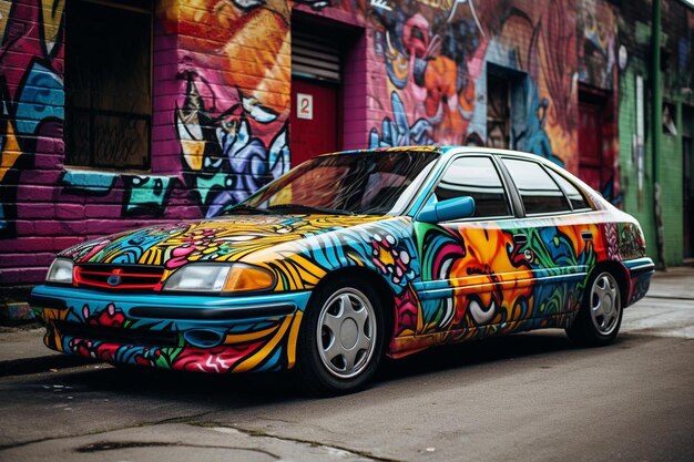 A colorful car with a mural of a car that says " the word " on it.