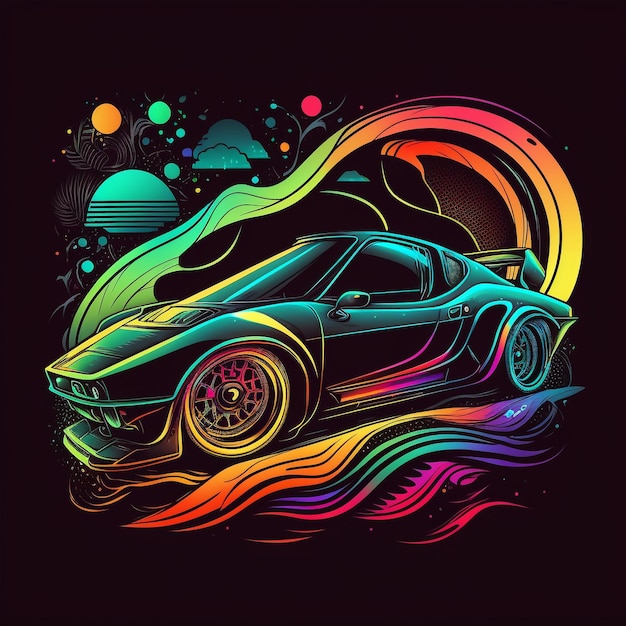 A colorful car with a rainbow design on the front.