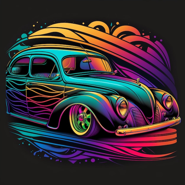 A colorful car with a rainbow design on the front.