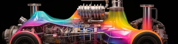 A colorful car with a rainbow engine