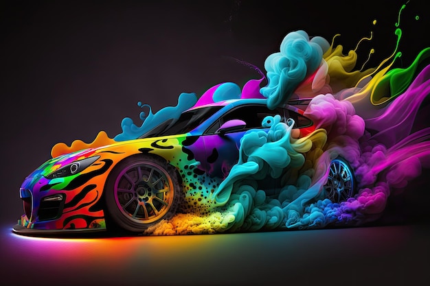 A colorful car with a rainbow paint effect.