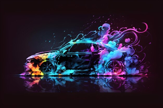 A colorful car with a splash of paint on the side.