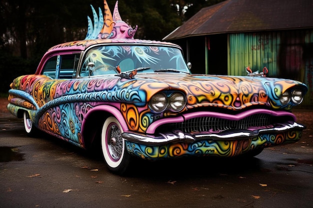 a colorful car with the word unicorn on the front