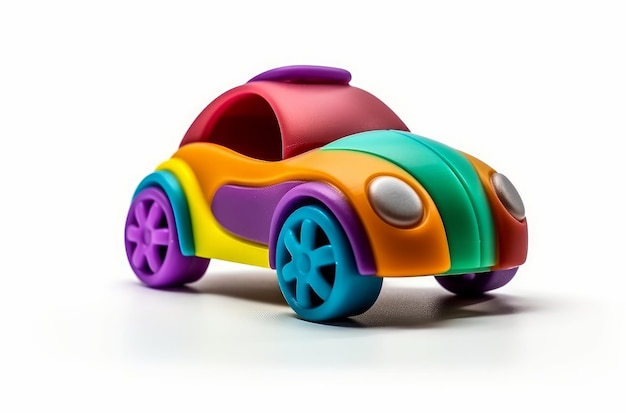 A colorful car with a yellow, purple, and green top.