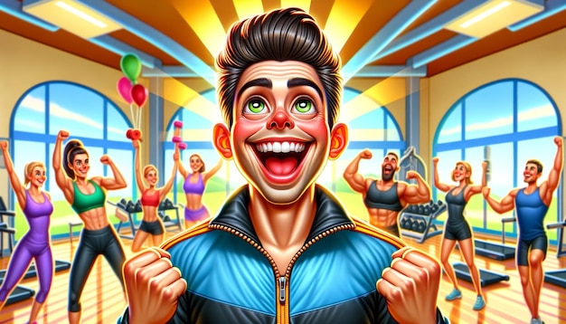 Photo colorful caricature of a fitness trainer in a gym radiating joy cartoon professions