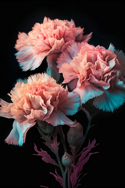 Colorful carnations on black background close up