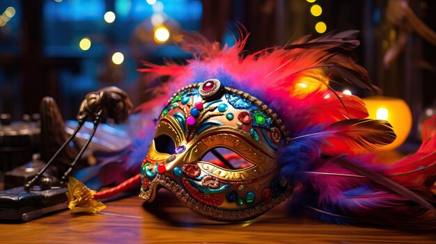 Colorful Carnival Mardi Gras Mask with Feather Crown