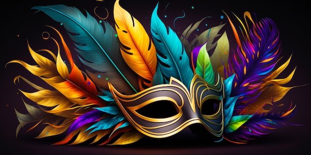 Colorful carnival mask with feathers on black background Generative AI