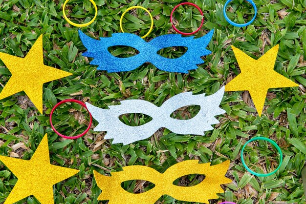 Colorful carnival masks and bracelets Brazilian carnival party