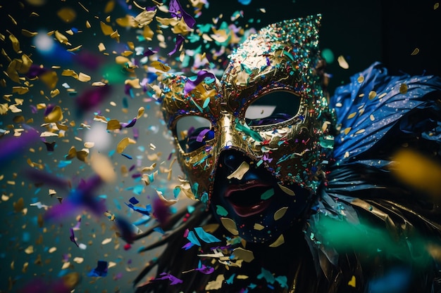 Photo colorful carnival masks, brazilian carnival, confetti, festivity, generative ai