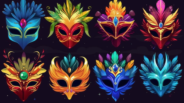 Photo colorful carnival masks isolated on black background modern cartoon illustration of elements of a masquerade costume decorated with feathers