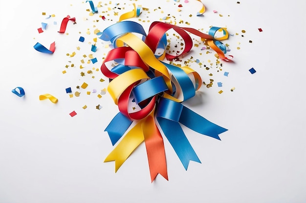 Photo colorful carnival ribbons with confetti against white background