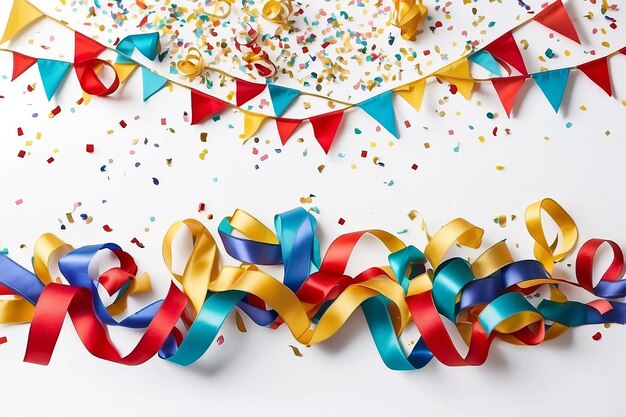 Colorful carnival ribbons with confetti against white background