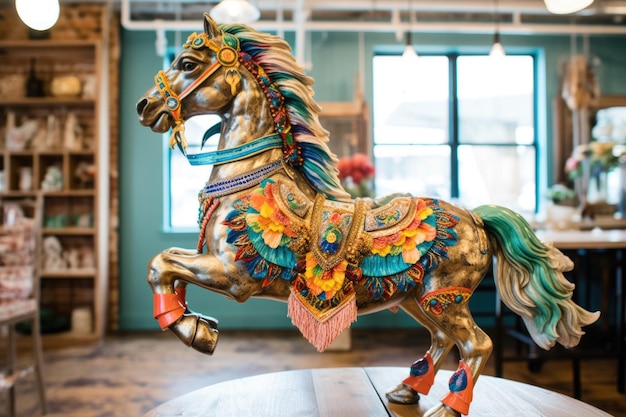 Colorful carousel horse with gold accents and tassels created with generative ai