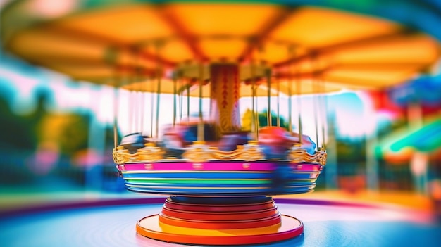 A colorful carousel with a colorful striped wheel in the background.