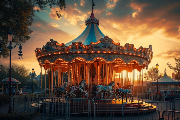 A colorful carousel with horses rotating at a park as the sun sets in the background A vintage carousel in a dreamy amusement park illuminated by the setting sun AI Generated