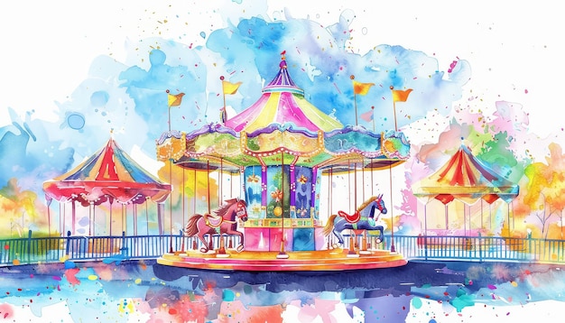 A colorful carousel with a red and white tent
