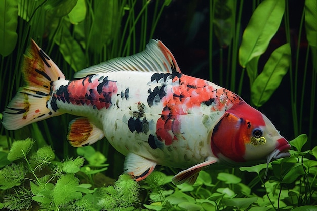 Colorful Carp Grazing on Riverbed Vegetation