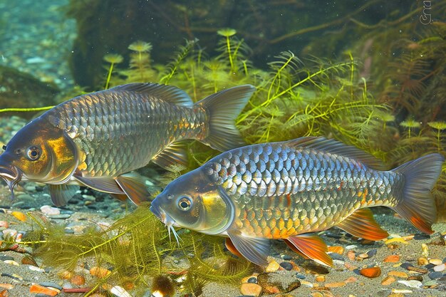 Colorful Carp Grazing on Riverbed Vegetation