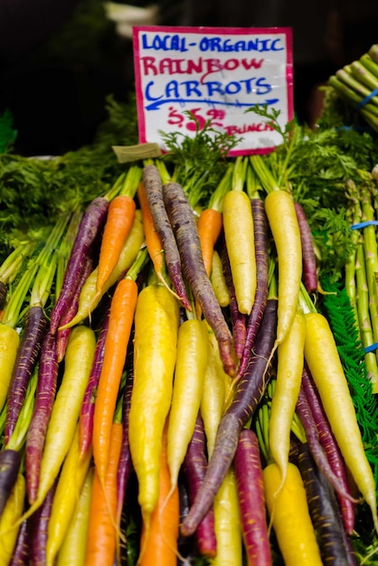 Colorful carrots on the market display