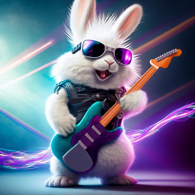 Colorful cartoon bunny playing guitar ai generated