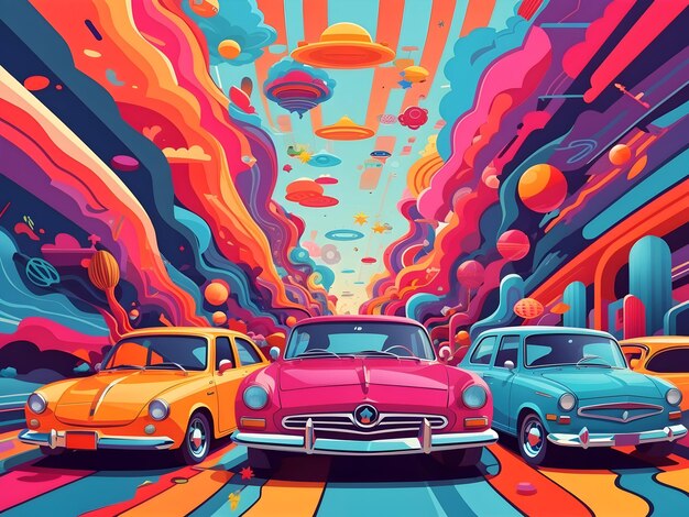 Colorful cartoon cars psychedelic vector illustration