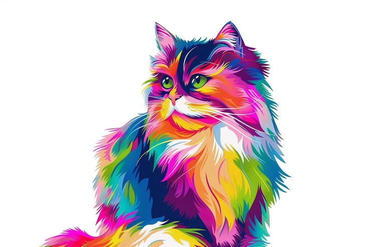 Фотография цветная мультфильмная кошка на белом фоне