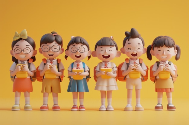 Colorful cartoon character schoolchildren smiling on a yellow background