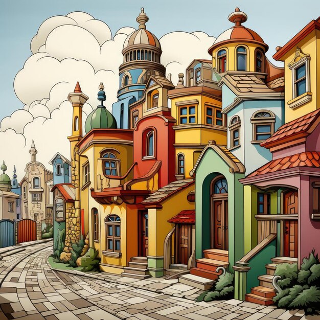 Colorful cartoon city street with a touch of reimagined religious art