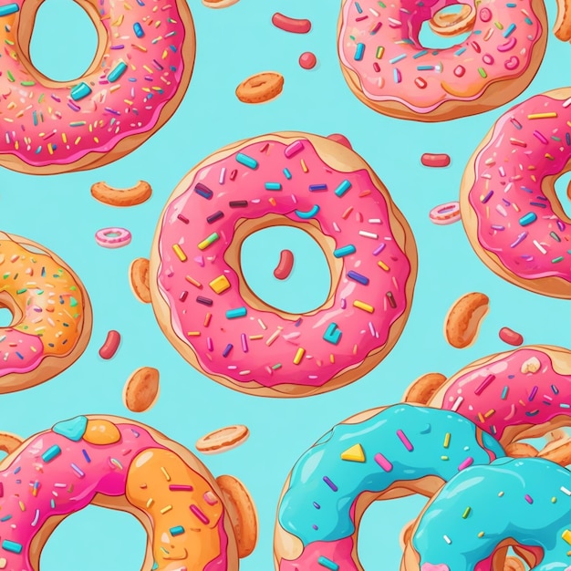 Colorful cartoon donuts seamless pattern wallpaper print realistic detailed illustration vector art