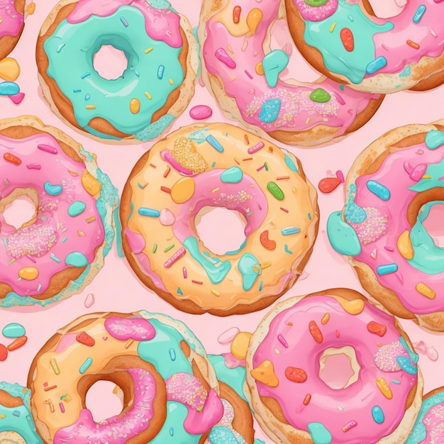 Colorful cartoon donuts seamless pattern wallpaper print realistic detailed illustration vector art