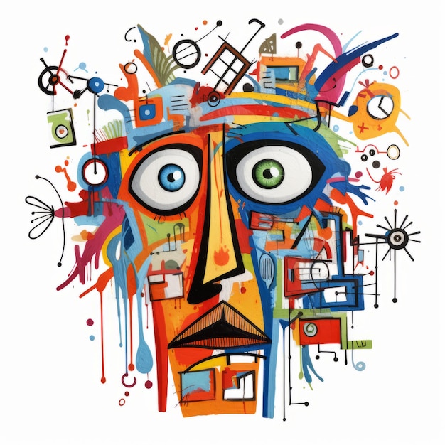 Colorful Cartoon Face With Abstract Mixed Media Doodle