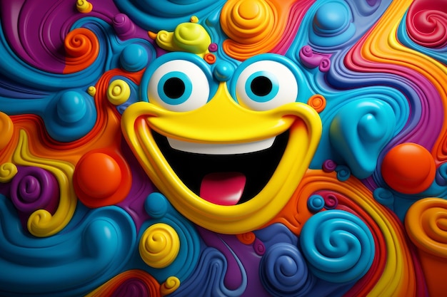 A colorful cartoon face with eyes and mouth on a background of colorful swirls