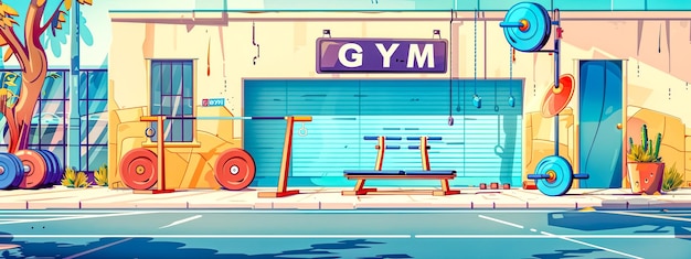 Photo colorful cartoon gym exterior with workout equipment