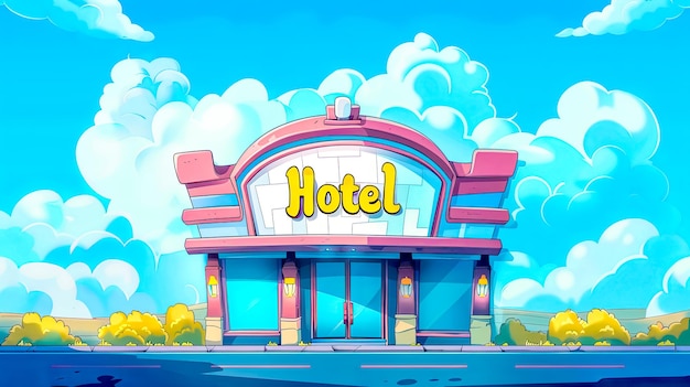 Colorful cartoon hotel facade under blue sky