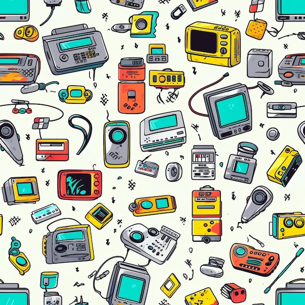 A colorful cartoon illustration of a collection of electronic devices.