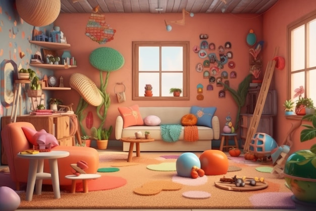 Красочная мультяшная иллюстрация уютного домашнего интерьера Генерирующая иллюстрация AI