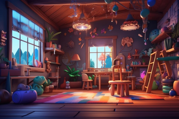 Colorful Cartoon Illustration of Cozy Home Interior Generative AI Illustration