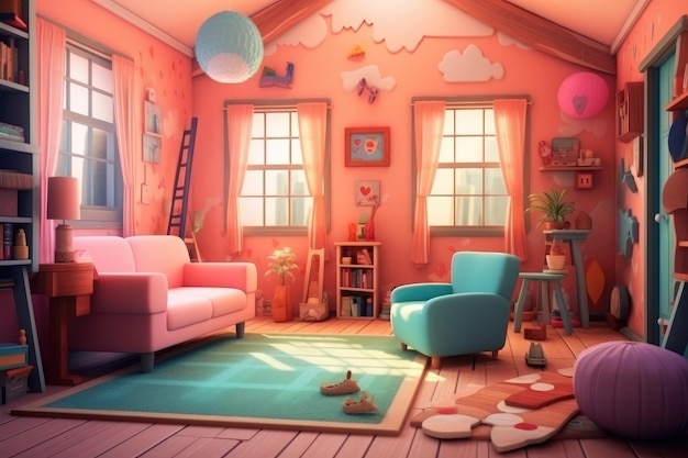 Colorful Cartoon Illustration of Cozy Home Interior Generative AI Illustration