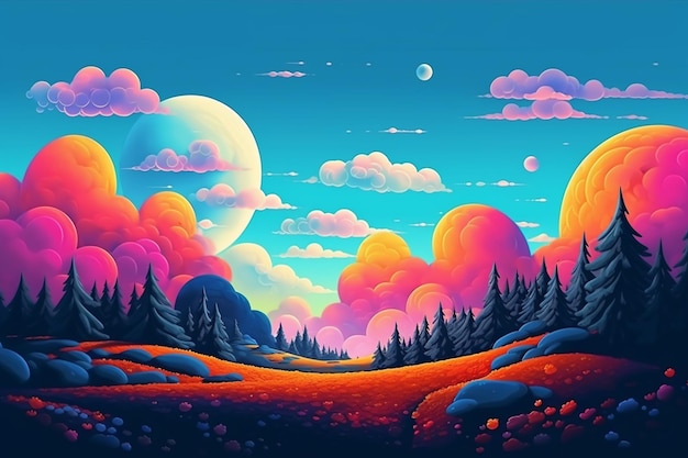 A colorful cartoon illustration of a landscape with a forest and clouds.