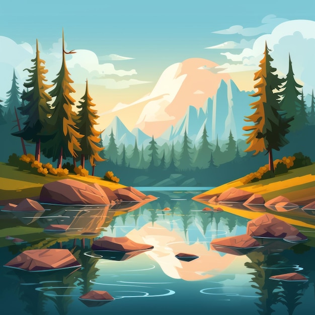 Colorful Cartoon Illustration Of Reflective Hill With Trees And Rocks