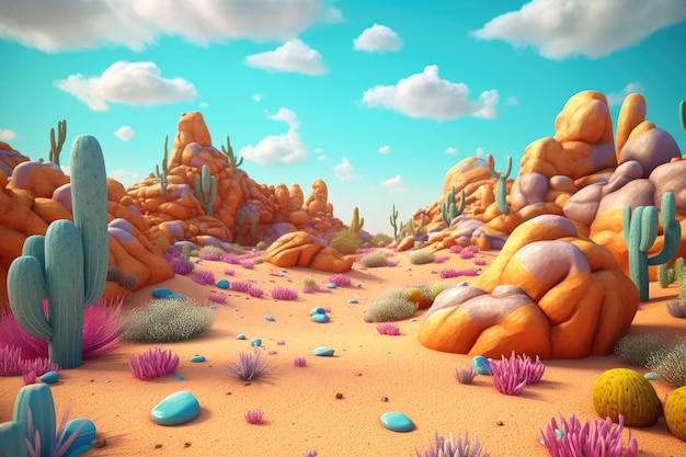 Colorful Cartoon Illustration of Rocky Mountain Desert Generative AI Illustration